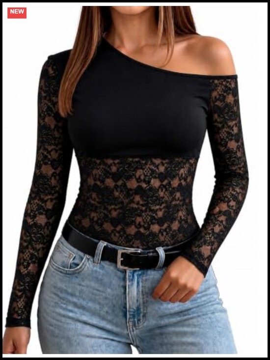Tops - Lace Mesh Sheer Long Sleeve Off Shoulder Top Y2K Stretch